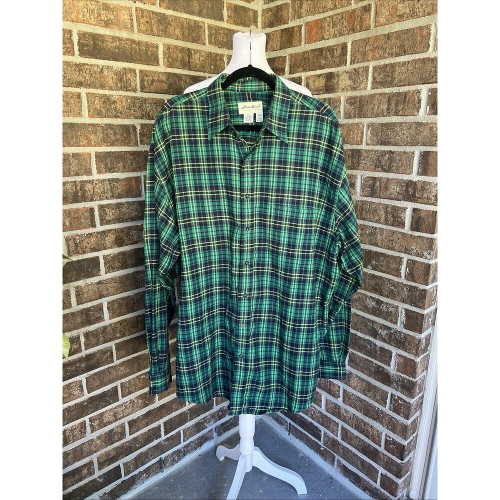 L.L. Bean Flannel Shirt Mens XLT Green Blue Scotch Plaid Collared Durability